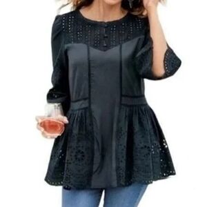 Soft Surroundings Alejandra Eyelet Tunic, Peplum Hem, 3/4 Bell Sleeves, EUC!